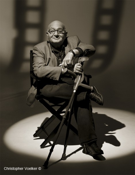 Christopher Voelker photograph of The Sessions writer/director Ben Lewin, sitting on directors chair and leaning on his crutches.