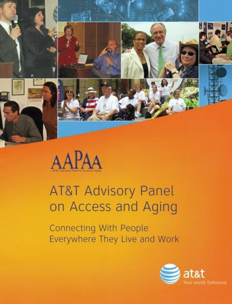 Brochure cover for AT&T Advisory Panel on Access & Aging (AAPAA) with the tagline, “ Connecting with People Everywhere They Live and Work.