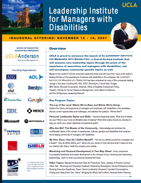 Flyer of the Inaugural Offering of the UCLA Anderson Leadership Institute for Managers with Disabilities and the “Founding Organizations.”