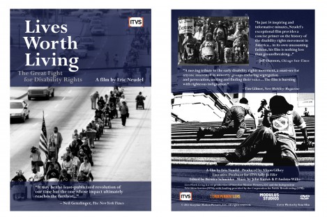 DVD wrap of documentary Lives Worth Living, with endorsements and photos of disability rights demonstrations.