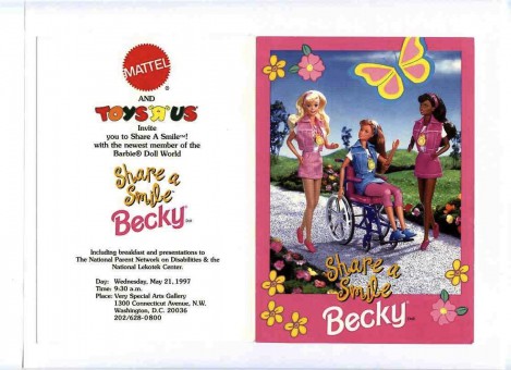 Invitation to launch of Mattel’s Share-a-Smile Becky in Washington, DC. Picture of Becky doll in her wheelchair with other diversity dolls.