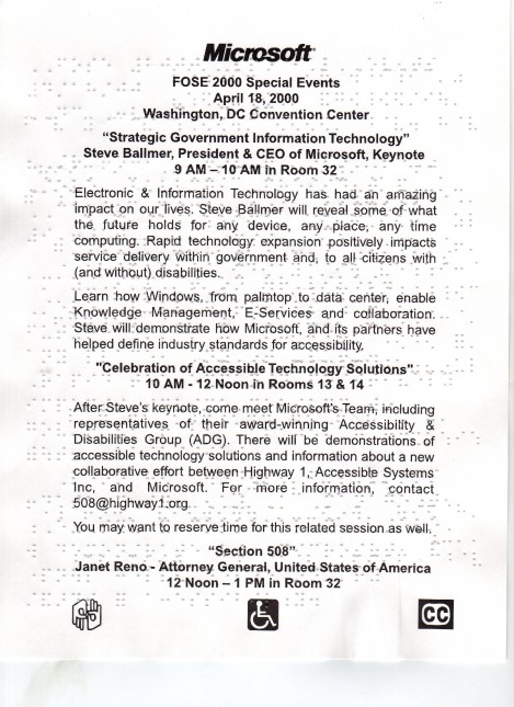 Large Print/Braille invite to FOSE events with Microsoft CEO Steve Ballmer and former DOJ Attorney General Janet Reno, with accessibility logos.